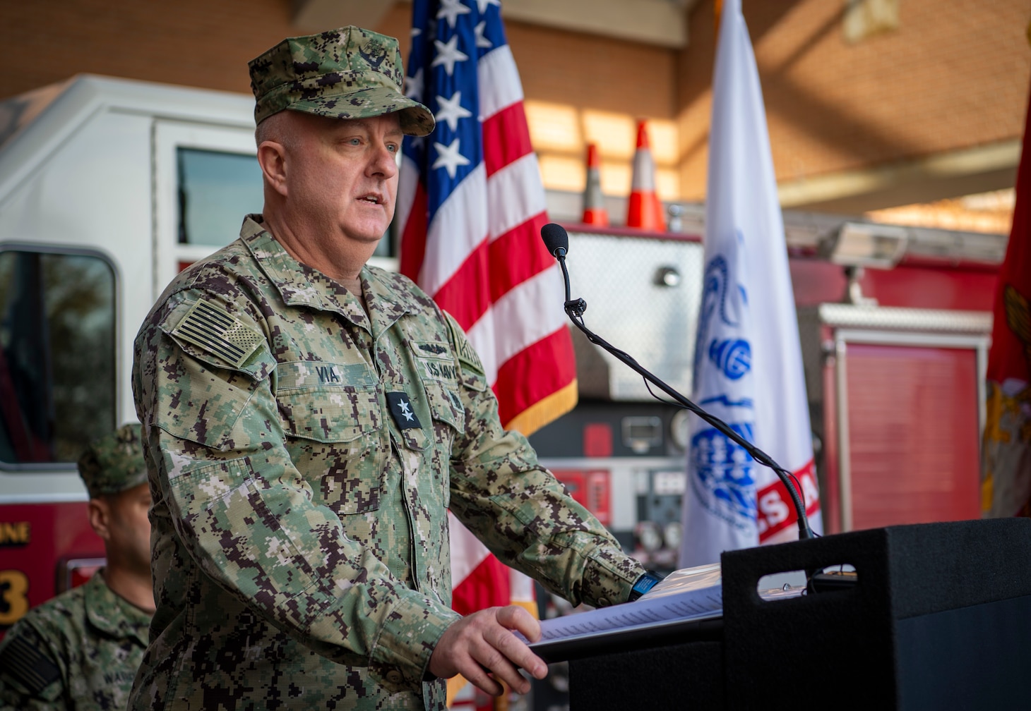 Surgeon General of the Navy Rear Adm. Darin Via speaks during a trauma center ribbon cutting ceremony in front of Naval Medical Center Portsmouth’s (NMCP) emergency room entrance on Dec. 8.