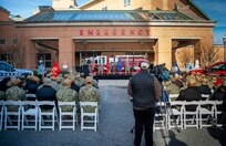Surgeon General of the Navy Rear Adm. Darin Via speaks during a trauma center ribbon cutting ceremony in front of Naval Medical Center Portsmouth’s (NMCP) emergency room entrance on Dec. 8.