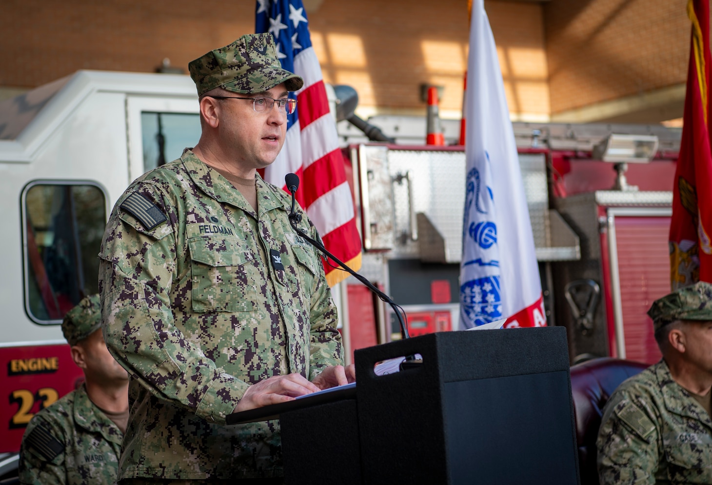 Capt. Brian Feldman, commanding officer, Navy Medicine Readiness & Training Command Portsmouth, and director, Naval Medical Center Portsmouth (NMCP), speaks during a trauma center ribbon cutting ceremony in front of NMCP’s emergency room entrance on Dec. 8.