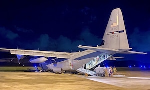 WC-130J aircraft sitting on the flight line at Henry E. Rohlsen Airport in St. Croix, U.S. Virgin Islands.