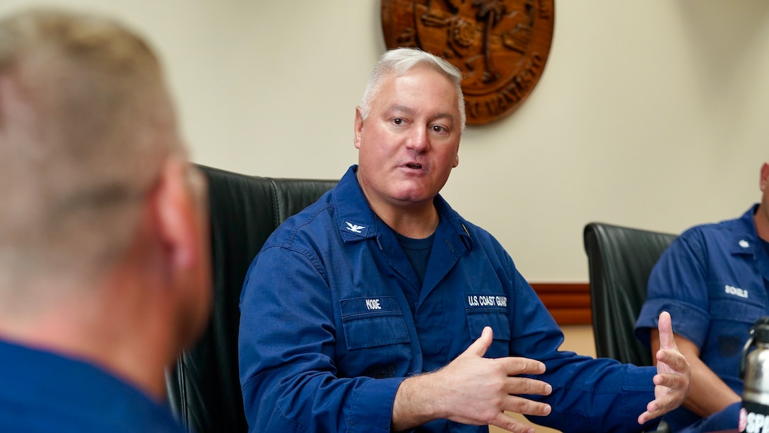 Father Daniel Mode, chaplain of the U.S. Coast Guard, visits with U.S. Coast Guard Team Guam during a visit to Guam from Dec. 2-6, 2023. Mode’s military service commenced in 1988, encompassing various roles across the Navy and Marine Corps, including deployments supporting Operations Enduring Freedom and Iraqi Freedom. This is his second tour as a U.S. Coast Guard chaplain. (U.S. Coast Guard photo by Chief Warrant Officer Sara Muir)