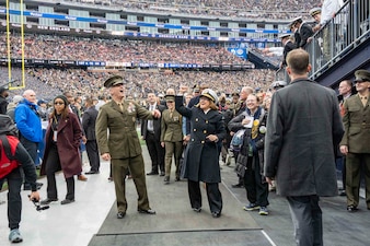 Foxborough, Mass. (Dec. 9, 2023) – Chief of Naval Operations Adm. Lisa Franchetti and Assistant Commandant of the Marine Corps Gen. Christopher Mahoney attend the 124th Army Navy Game at Gillette Stadium in Foxborough, Mass., Dec. 9. One of the oldest and most storied rivalries in collegiate athletics, Navy leads Army in the series with a 62-55-7 record. (U.S. Navy photo by Chief Mass Communication Specialist Amanda R. Gray)