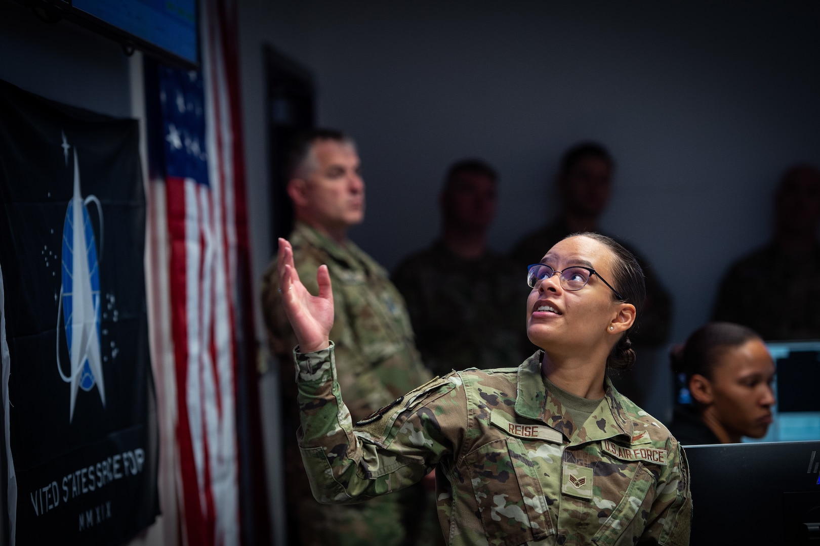 U.S. Air Force Reservist, SrA Atheena Reise, 19th Space Operations Squadron Space Systems Operator, briefs civic leaders.