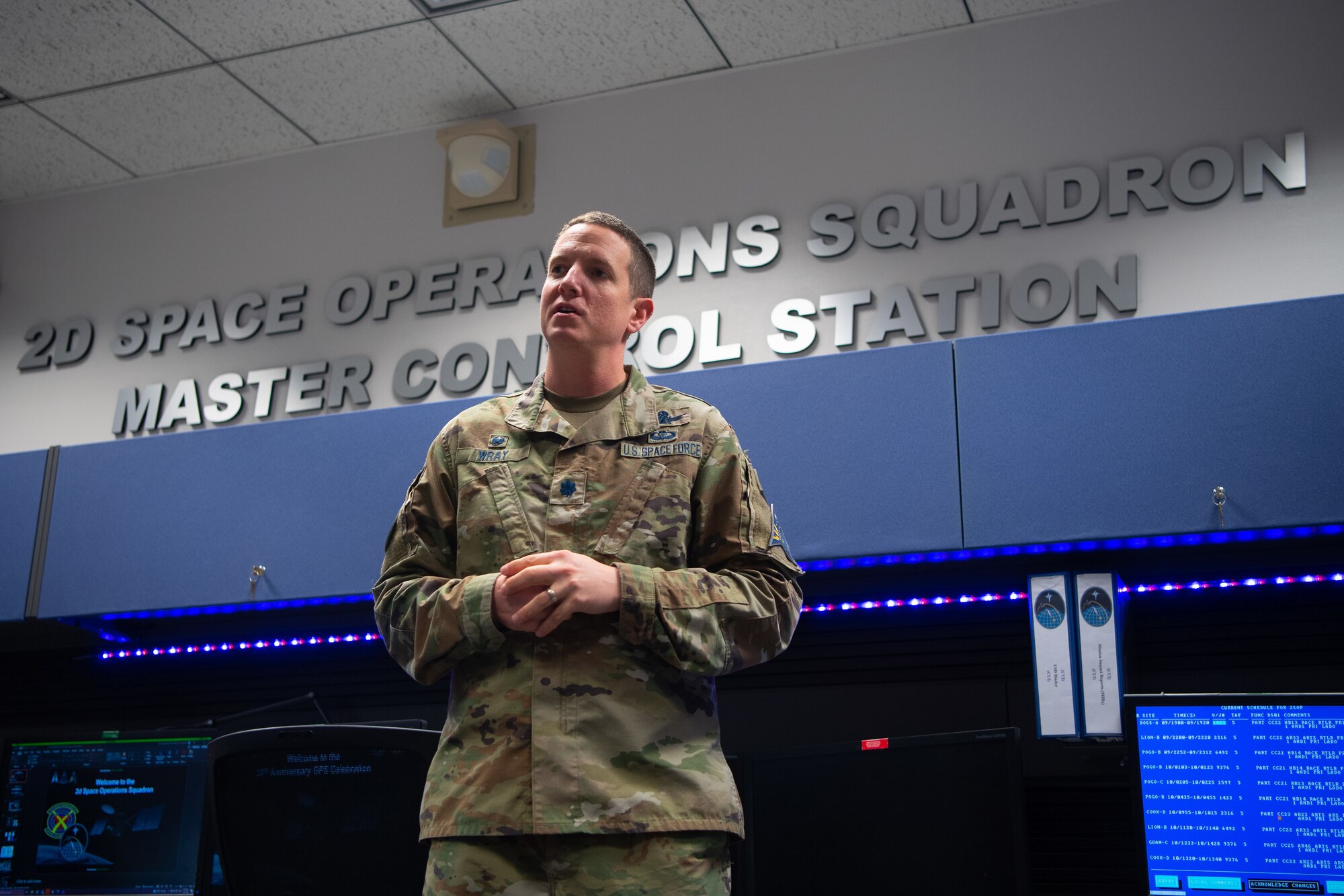 Lt. Col. Robert Wray gives a briefing in the 2 SOPS Master Control Station.
