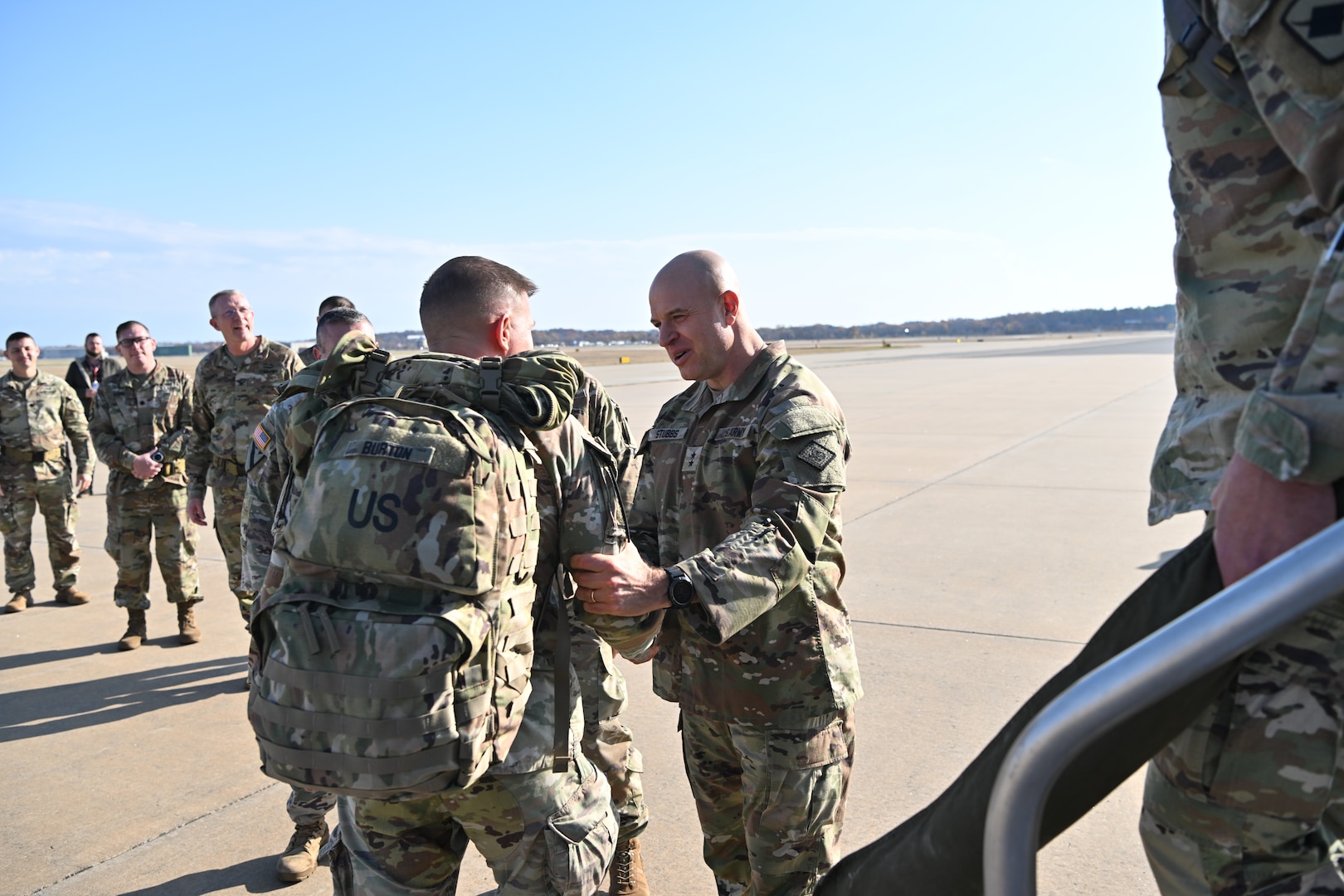 Maj. Gen. Jonathan Stubbs, Arkansas adjutant general, greets Arkansas National Guard members returning from a nine-month deployment to Southwest Asia before they are reunited with their families Dec. 9, 2023.