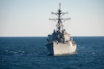 210117-N-QD512-1104 ATLANTIC OCEAN (Jan. 17, 2020) The Arleigh-Burke class guided-missile destroyer USS Laboon (DDG 58) steams behind the Arleigh-Burke class guided-missile destroyer USS Mitscher (DDG 57). Mitscher is currently underway in the Atlantic Ocean conducting operations as part of the Dwight D. Eisenhower Carrier Strike Group. (U.S. Navy photo by Mass Communication Specialist 2nd Class Kaleb J. Sarten/Released)