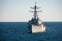 210117-N-QD512-1104 ATLANTIC OCEAN (Jan. 17, 2020) The Arleigh-Burke class guided-missile destroyer USS Laboon (DDG 58) steams behind the Arleigh-Burke class guided-missile destroyer USS Mitscher (DDG 57). Mitscher is currently underway in the Atlantic Ocean conducting operations as part of the Dwight D. Eisenhower Carrier Strike Group. (U.S. Navy photo by Mass Communication Specialist 2nd Class Kaleb J. Sarten/Released)