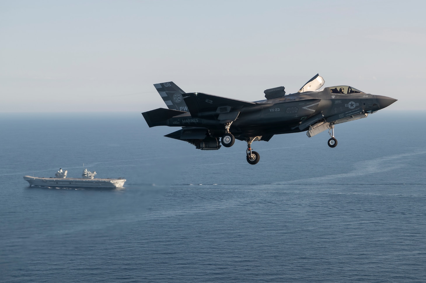 BF-18 Flt 575, USMC Test pilot, Maj Paul Gucwa from Air Test and Evaluation Squadron 23 (VX-23) flies an F-35B aboard HMS Prince of Wales in support of the final First of Class sea trials for F-35B test (DT-3) on 11 October 2023.

The U.K. Queen Elizabeth-class (QEC) aircraft carrier HMS Prince of Wales (R09)’s participation in WESTLANT 23 encompasses a range of U.K. and U.S. naval aircraft trials in the Western Atlantic throughout the autumn of 2023.The HMS Prince of Wales continues to push the boundaries of naval aviation capabilities and operations from QEC aircraft carriers, including increasing the range and lethality of F-35 operations.  The U.K. is the only Tier I partner in the F-35 Joint Strike Fighter (JSF) Program. U.K. and U.S. interactions during this deployment are characterized by cooperation and reinforce international relationships, as well as enhance interoperability between the U.S. Navy and Royal Navy.

The F-35 Joint Program Office is the U.S. Department of Defense's focal point for the 5th-generation strike aircraft for the Navy, Air Force, Marines, and our allies. The F-35 is the premier multi-mission, 5th-generation weapon system. Its ability to collect, analyze and share data is a force multiplier that enhances all assets in the battle space: with stealth technology, advanced sensors, weapons capacity, and range. The F-35 has been operational since July 2015 and is the most lethal, survivable, and interoperable fighter aircraft ever built.