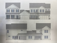 Illustration showing both the front and back of two condominium homes with white siding and grey bricks.