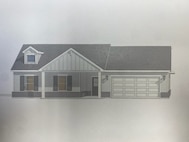 Illustration of a home with white siding, grey bricks, grey roof, and grey front and garage door. The home has two windows on the first story and one on the upper story.