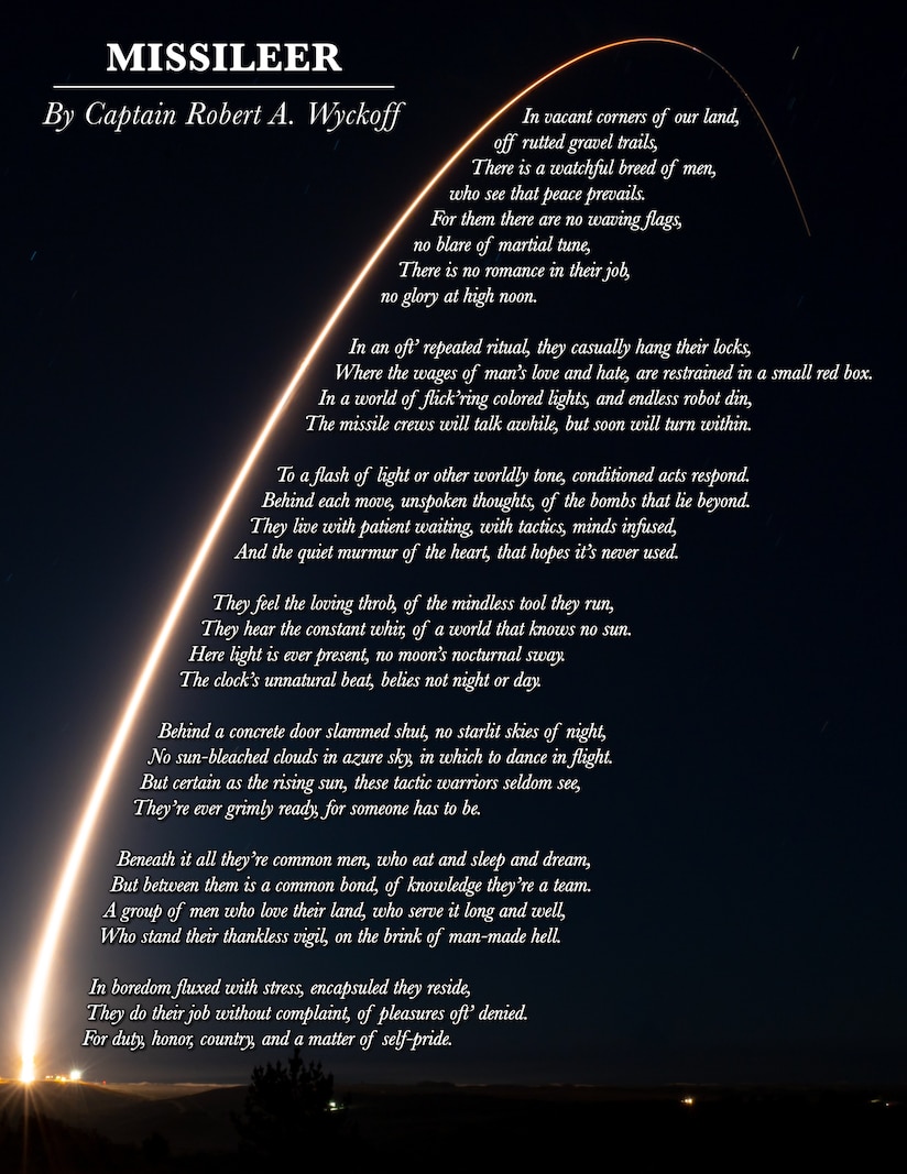 Text for a poem is shown, and in the background is an unarmed ICBM test launch.