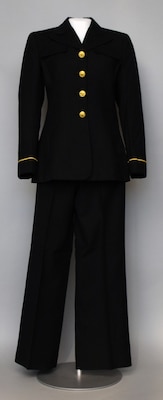 The service dress uniform worn by female midshipmen at the U.S. Naval Academy, 1980. It follows the guidelines initiated by Chief of Naval Operation Adm. Elmo Zumwalt’s Z-Gram 87.