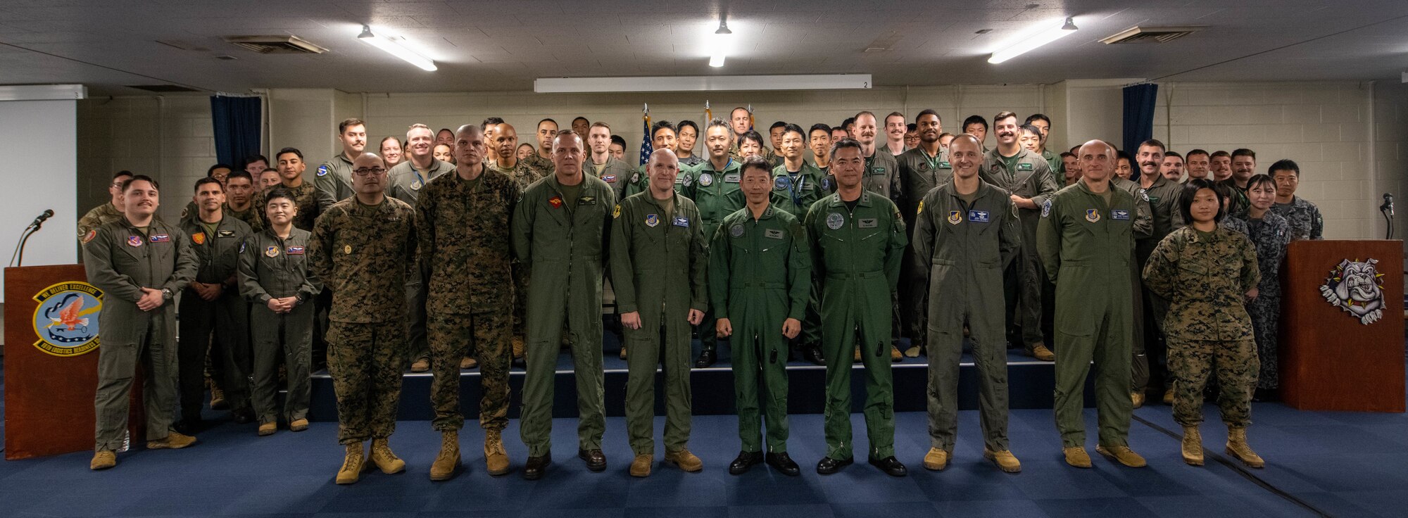 U.S. Air Force, U.S. Marine Corps and Japan Air Self-Defense Force members pose for a photo during the Okinawa Bilateral Tactics Exchange