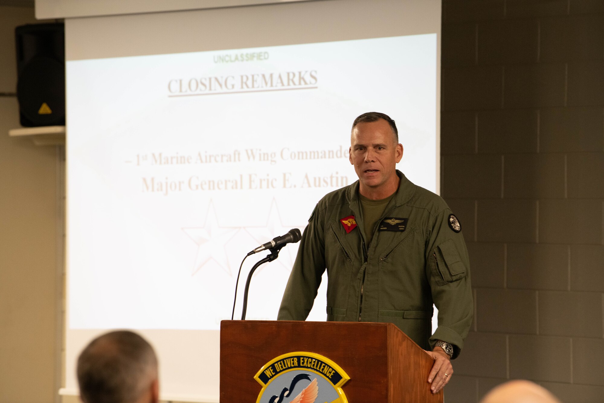 U.S. Marine Corps Maj. Gen. Eric Austin gives closing remarks.