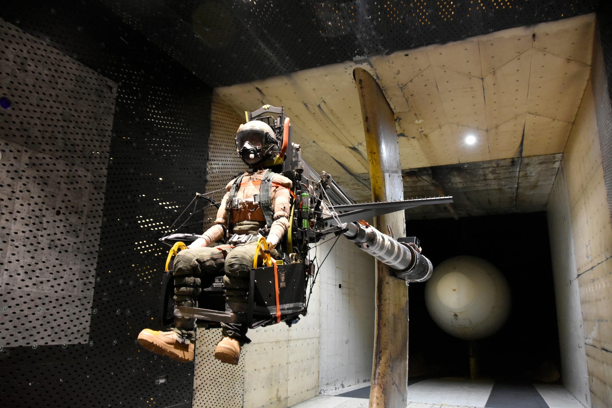 A variation of the ACES V ejection seat is shown in one of the wind tunnels at Arnold Air Force Base, Tenn., Sept. 5, 2023. Ejection seat testing was recently conducted at Arnold for the first time since 1997. The most recent effort involved testing on three variations of the ACES V seat. (U.S. Air Force photo by Bradley Hicks)