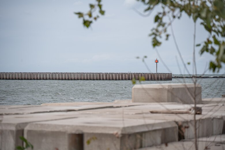 A breakwater structure surrounded by water in Lake Erie and Cleveland Harbor.