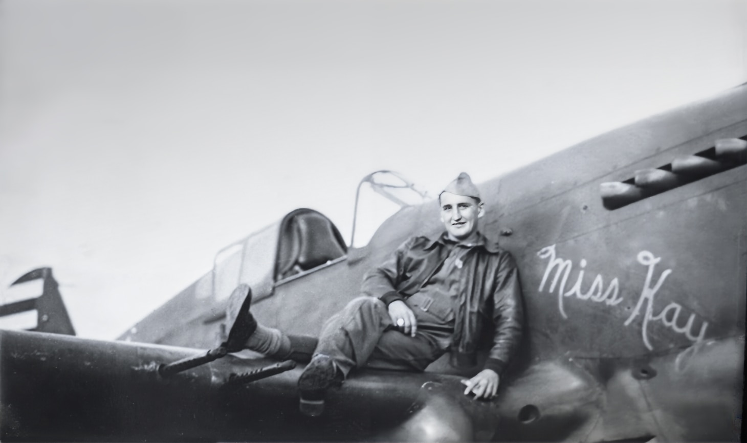2nd Lt. Francis S. Gabreski of the 45th Pursuit Squadron, Wheeler Air Field, lounges on the wing root of a squadron P-40 named “Miss Kay.” Unable to find a ready-to-go P-40, he discovered a P-36A and took off after departing Japanese aircraft. Although he tried to reach the raiders’ altitude, they were gone by that time. His career in Europe, and later in Korea, flying F-86A Sabres, gaining 6.5 kills over Communist MiG-15s, gave him a total of 34.5 kills in two wars. He retired in 1967 as a colonel.