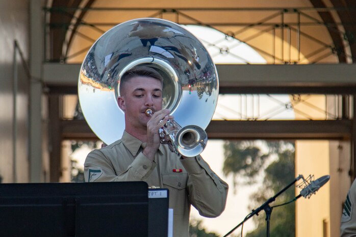 U.S. Marine Corps Lance Cpl. Jacob Daniels, a trumpet player with Marine Band San Diego, performs for guests at Marine Corps Recruit Depot San Diego, California, Dec. 2, 2023. Marine Band San Diego performed for guests of the commanding general before a tree-lighting ceremony to instill holiday cheer. (U.S. Marine Corps photo by Cpl. Elliott A. Flood-Johnson)