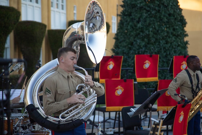 U.S. Marine Corps Cpl. Elliott Jensen, a tuba player with Marine Band San Diego, performs for guests at Marine Corps Recruit Depot San Diego, California, Dec. 2, 2023. Marine Band San Diego performed for guests of the commanding general before a tree-lighting ceremony to instill holiday cheer. (U.S. Marine Corps photo by Cpl. Elliott A. Flood-Johnson)