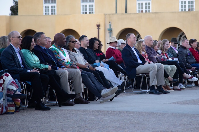 U.S. Marine Corps Brig. Gen. James A. Ryans, the commanding general for Marine Corps Recruit Depot San Diego and the Western Recruiting Region, attends a holiday concert with guests at MCRD San Diego, California, Dec. 2, 2023. Marine Band San Diego performed for guests of the commanding general before a tree-lighting ceremony to instill holiday cheer. (U.S. Marine Corps photo by Cpl. Elliott A. Flood-Johnson)