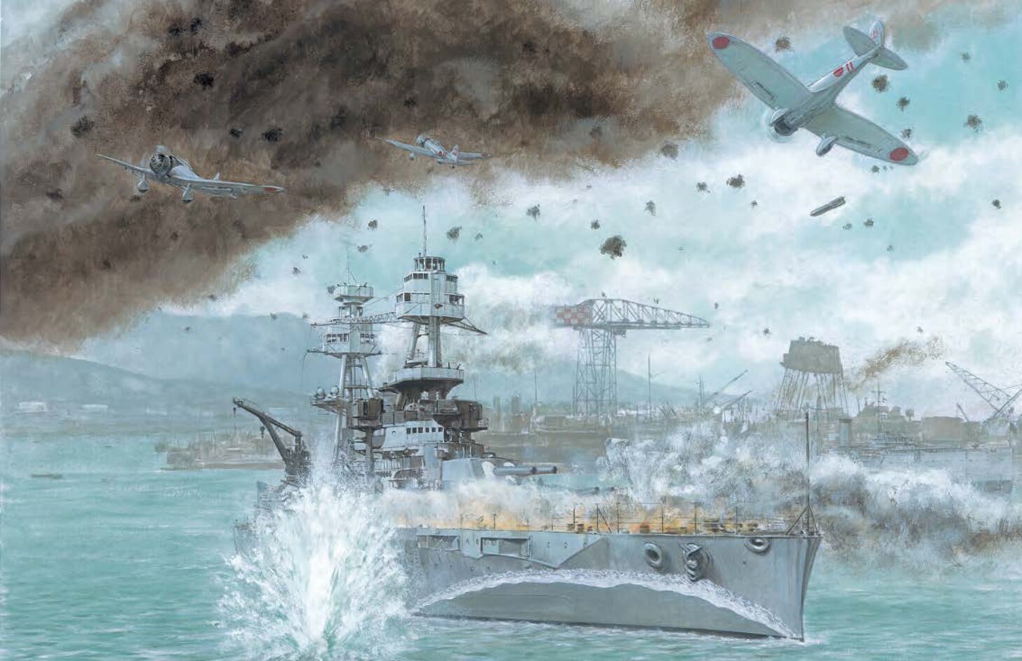 Artist Adam Hook’s panoramic view of the overall attack shows the battleship USS Nevada (BB 36) struggling to make it out of the close confines of the harbor and into the open sea to avoid blocking the main channel by sinking. The courageous action was undertaken by then-Ensign, later-Capt. Joseph K. Taussig Jr., Officer of the Deck, who received the Navy Cross.