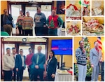 Top left photo of five people in sweaters. Top right collage of holiday baskets. Bottom left photo of six professionals next to a television with "winner" text on screen. Bottom right photo of two facilitators standing in front of a tree and a flag.