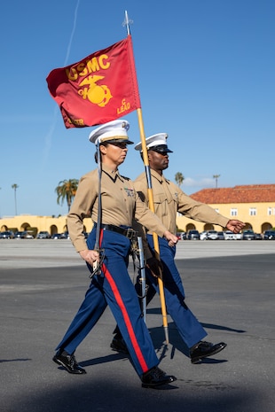 U.S. Marines with Charlie Company, 1st Recruit Training Battalion, march in formation during their graduation ceremony at Marine Corps Recruit Depot San Diego, Dec. 8, 2023. Graduation took place at the completion of the 13-week transformation, which included training for drill, marksmanship, basic combat skills, and Marine Corps customs and traditions. (U.S. Marine Corps photo by Lance Cpl. Sarah M. Grawcock)