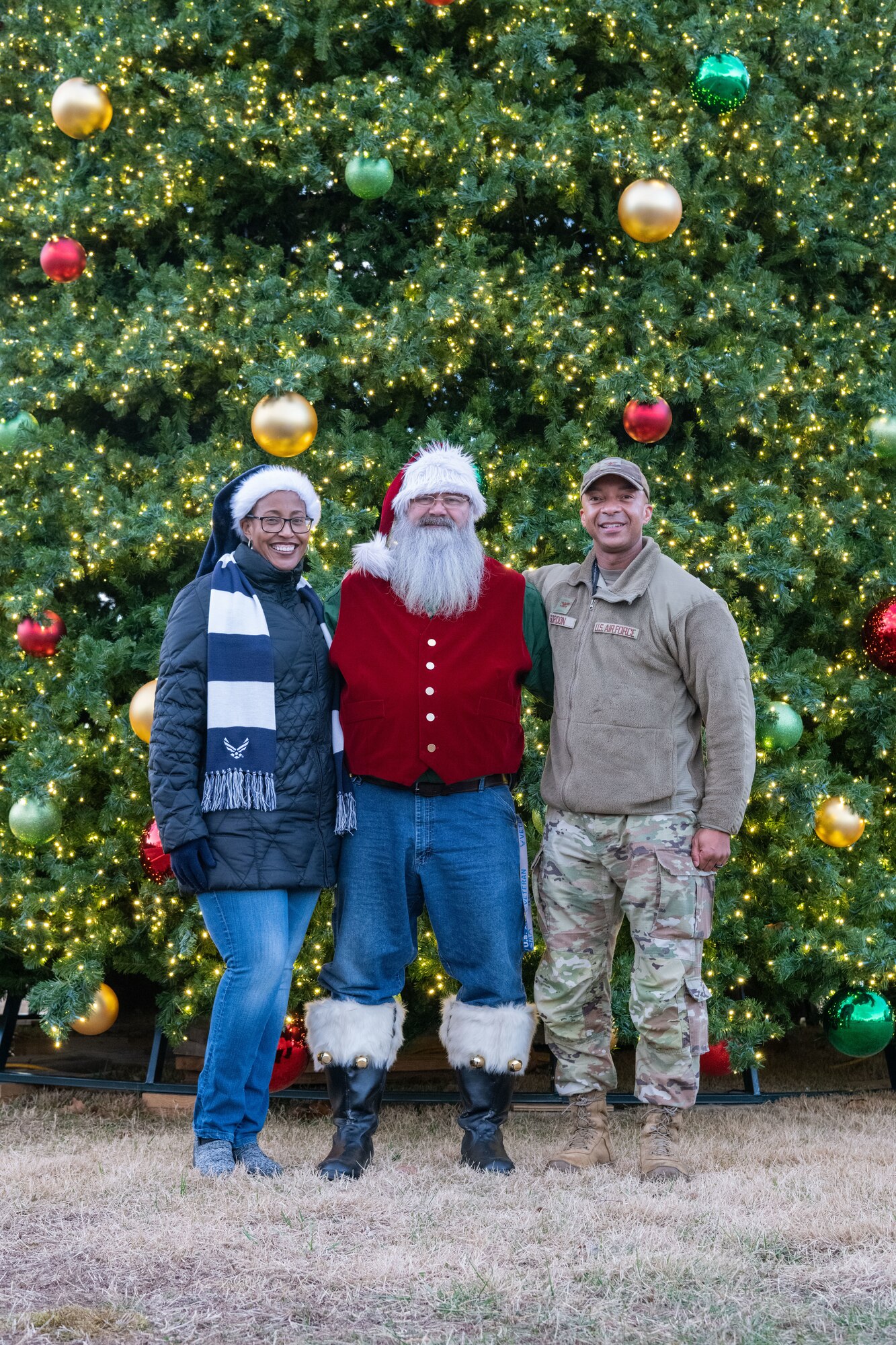 The Christmas tree at Arnold Air Force Base, Tenn., is lit during a lighting ceremony Dec. 4, 2023. The tree measures 40 feet tall and 22 feet wide. It is decorated with approximately 300 ball ornaments and is topped with a 5-foot 3D five-point star. (U.S. Air Force photo by Keith Thornburgh)
