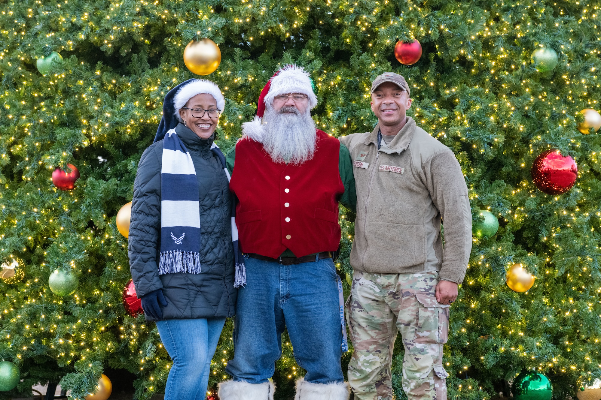 The Christmas tree at Arnold Air Force Base, Tenn., is lit during a lighting ceremony Dec. 4, 2023. The tree measures 40 feet tall and 22 feet wide. It is decorated with approximately 300 ball ornaments and is topped with a 5-foot 3D five-point star. (U.S. Air Force photo by Keith Thornburgh)