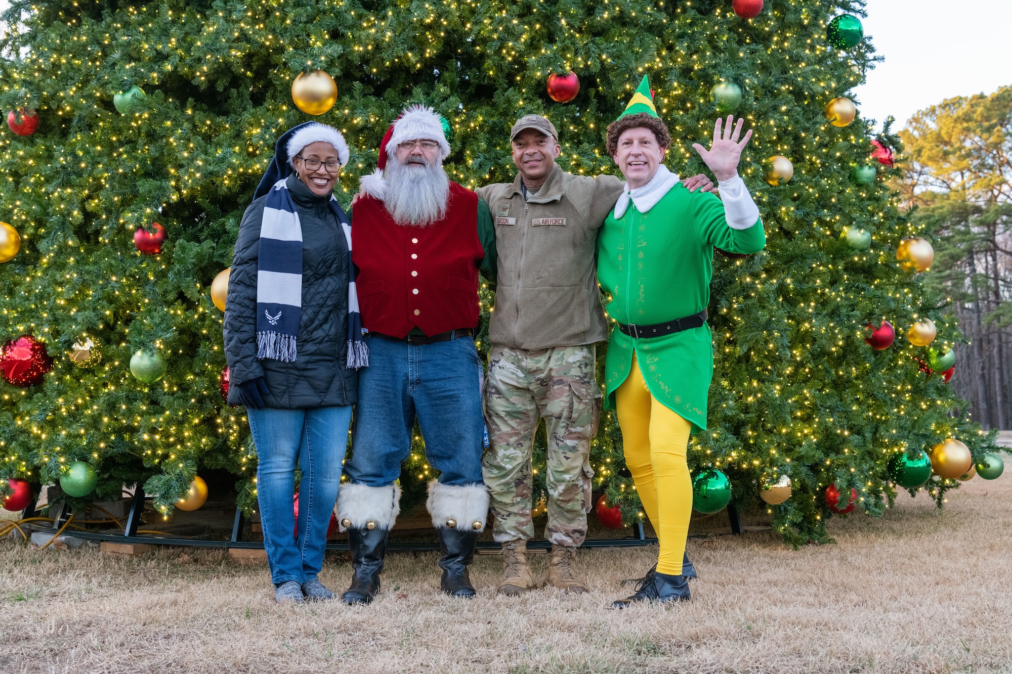 The Christmas tree at Arnold Air Force Base, Tenn., is lit during a lighting ceremony Dec. 4, 2023. The tree measures 40 feet tall and 22 feet wide. It is decorated with approximately 300 ball ornaments and is topped with a 5-foot 3D five-point star. (U.S. Air Force photo by Keith Thornburgh)