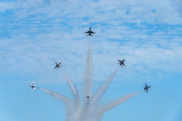 The United States Air Force Air Demonstration Squadron "Thunderbirds" perform in Houston, Texas, Oct. 14–15, 2023.