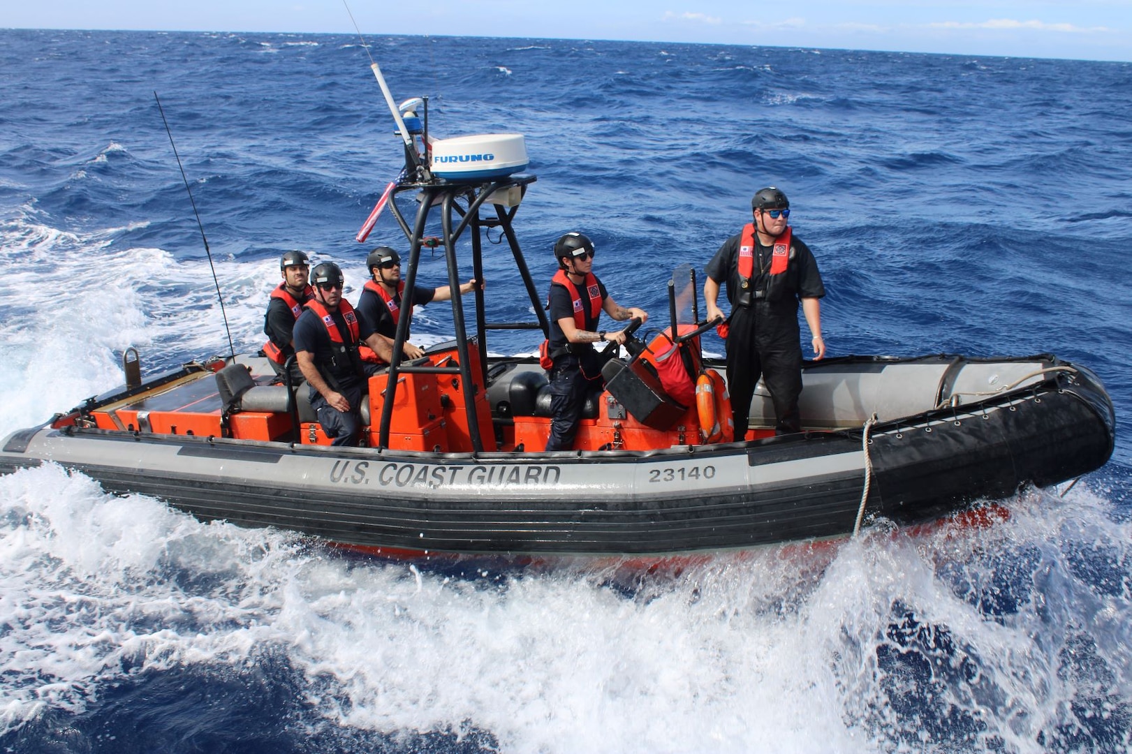 U.S. Coast Guard crewmembers assigned to Coast Guard Cutter Dauntless (WMEC 624) conduct training with the cutter’s small boat in the Caribbean Ocean, Nov. 25, 2023. Dauntless deployed to conduct maritime safety and security operations.