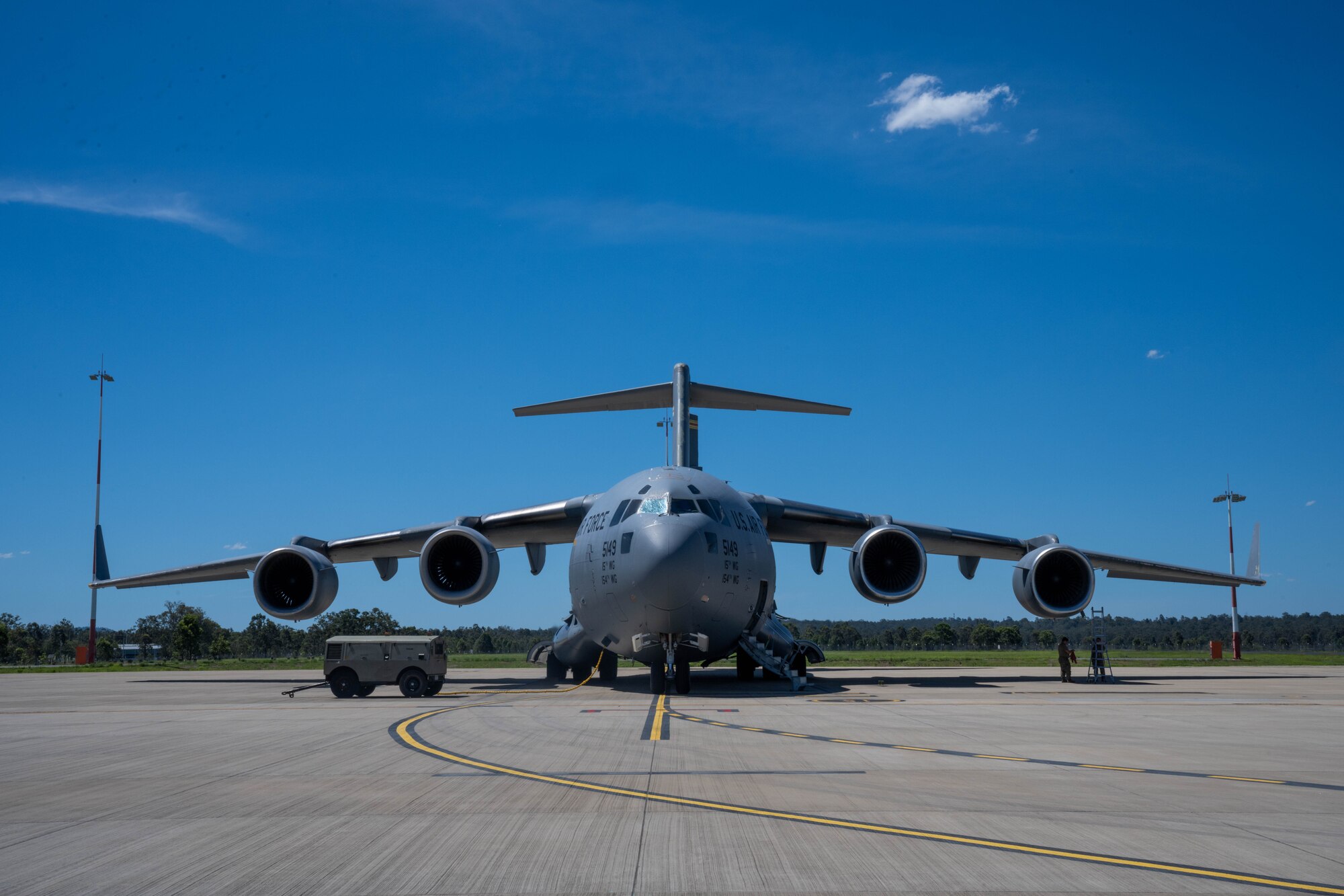 Airmen assigned to the 15th Maintenance Group do routine maintenance on a C-17 Globemaster III during Exercise Global Dexterity 23-2 at Royal Australian Air Force Base Amberley, Nov. 29, 2023. The exercise demonstrates the key partnership and interoperability between the U.S. and Australia that allows continued security and stability in the Indo-Pacific region. (U.S. Air Force photo by Senior Airman Makensie Cooper)