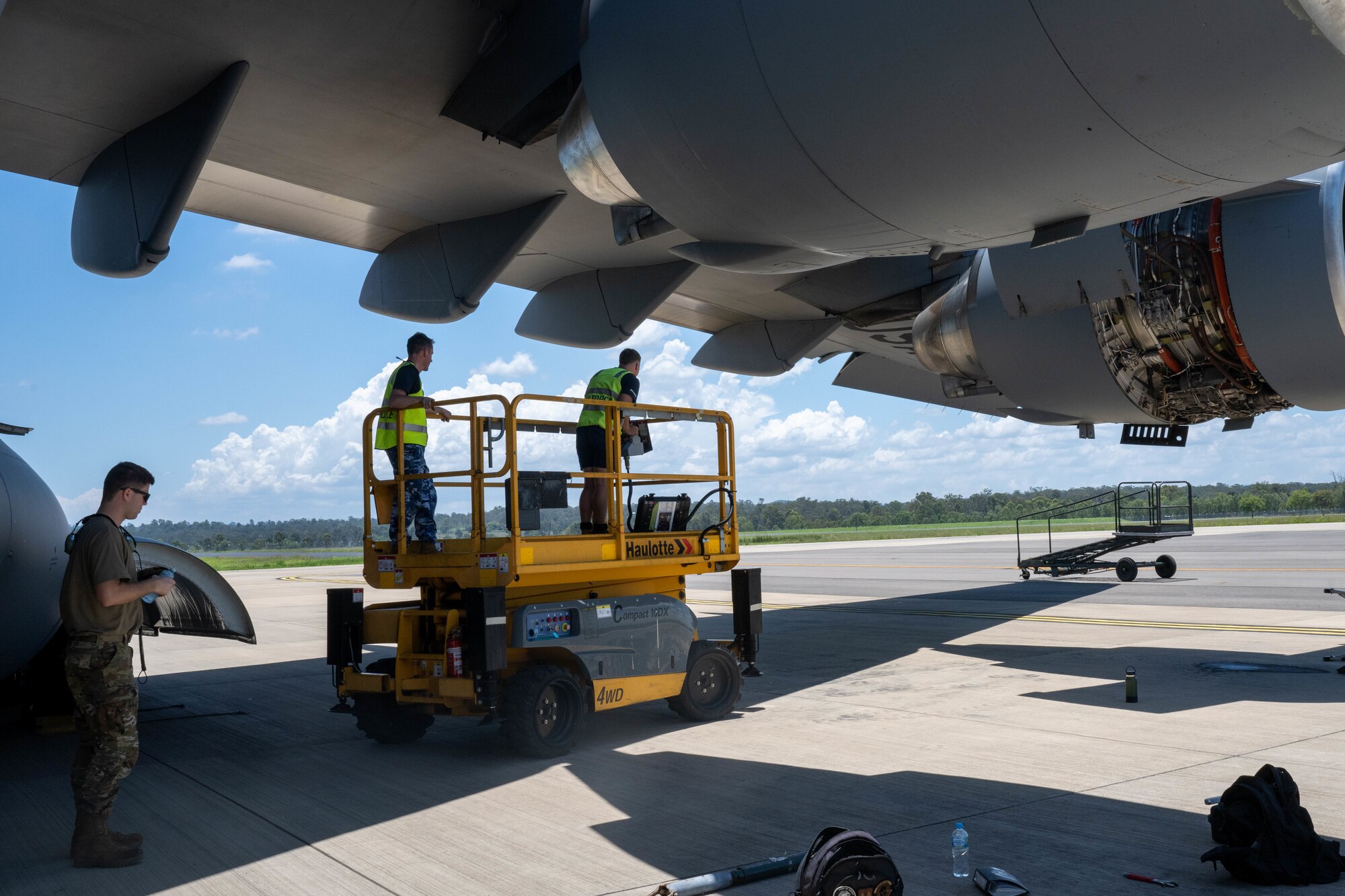 Maintainers from the Royal Australian Air Force No. 36 Squadron and U.S. Air Force 15th Maintenance Group work together to inspect a C-17 Globemaster III engine during Exercise Global Dexterity, 23-2 at Royal Australian Air Force Base Amberley, Nov. 29, 2023.  Exercise Global Dexterity prepares our air forces for combined action in wartime, peacetime and humanitarian operations throughout the Indo-Pacific. (U.S. Air Force photo by Senior Airman Makensie Cooper)