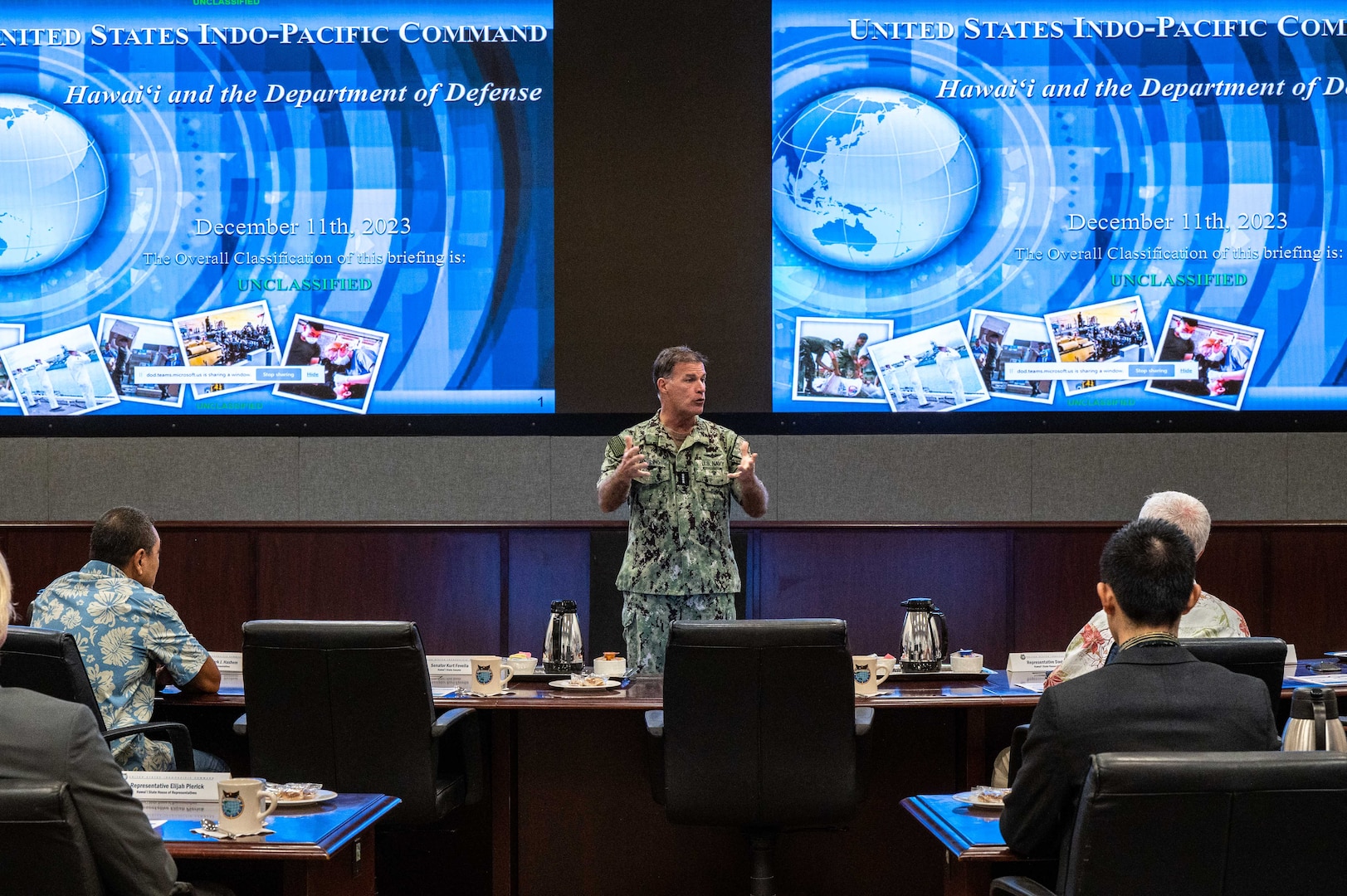 Adm. John C. Aquilino, Commander, U.S. Indo-Pacific Command, hosts members of the Hawaiʻi State Legislature at Camp H.M. Smith on Dec. 11, 2023. USINDOPACOM is committed to working alongside elected officials to resolve issues and strive for a sustainable and harmonious future all while enhancing stability in the Indo-Pacific region. (U.S. Navy photo by Chief Mass Communication Shannon Smith)
