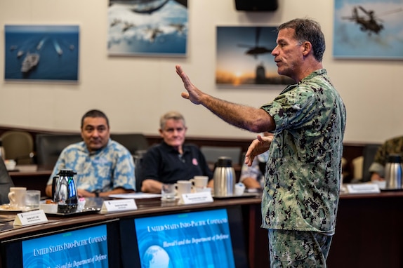 Adm. John C. Aquilino, Commander, U.S. Indo-Pacific Command, hosts members of the Hawaiʻi State Legislature at Camp H.M. Smith on Dec. 11, 2023. USINDOPACOM is committed to working alongside elected officials to resolve issues and strive for a sustainable and harmonious future all while enhancing stability in the Indo-Pacific region. (U.S. Navy photo by Chief Mass Communication Shannon Smith)