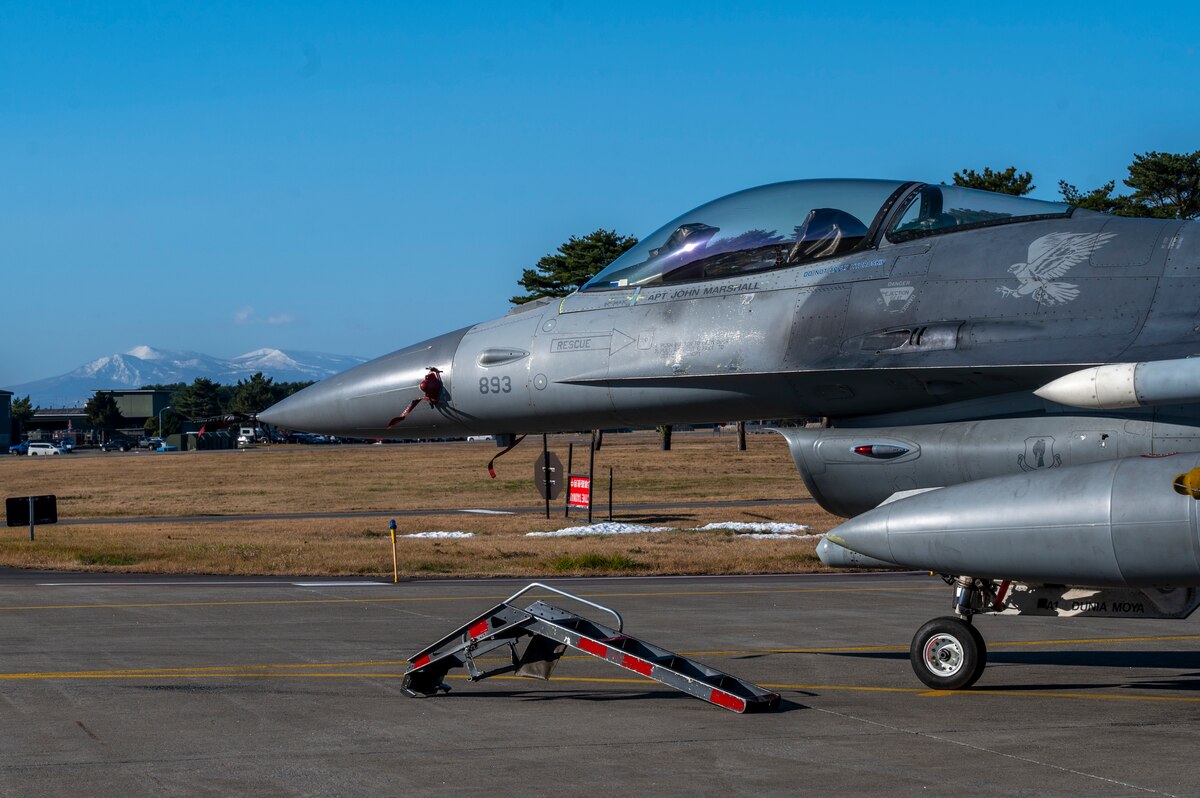 An F-16 Fighting Falcon idles during a PAC Weasel Exercise at Misawa Air Base, Japan, Dec. 8, 2023.