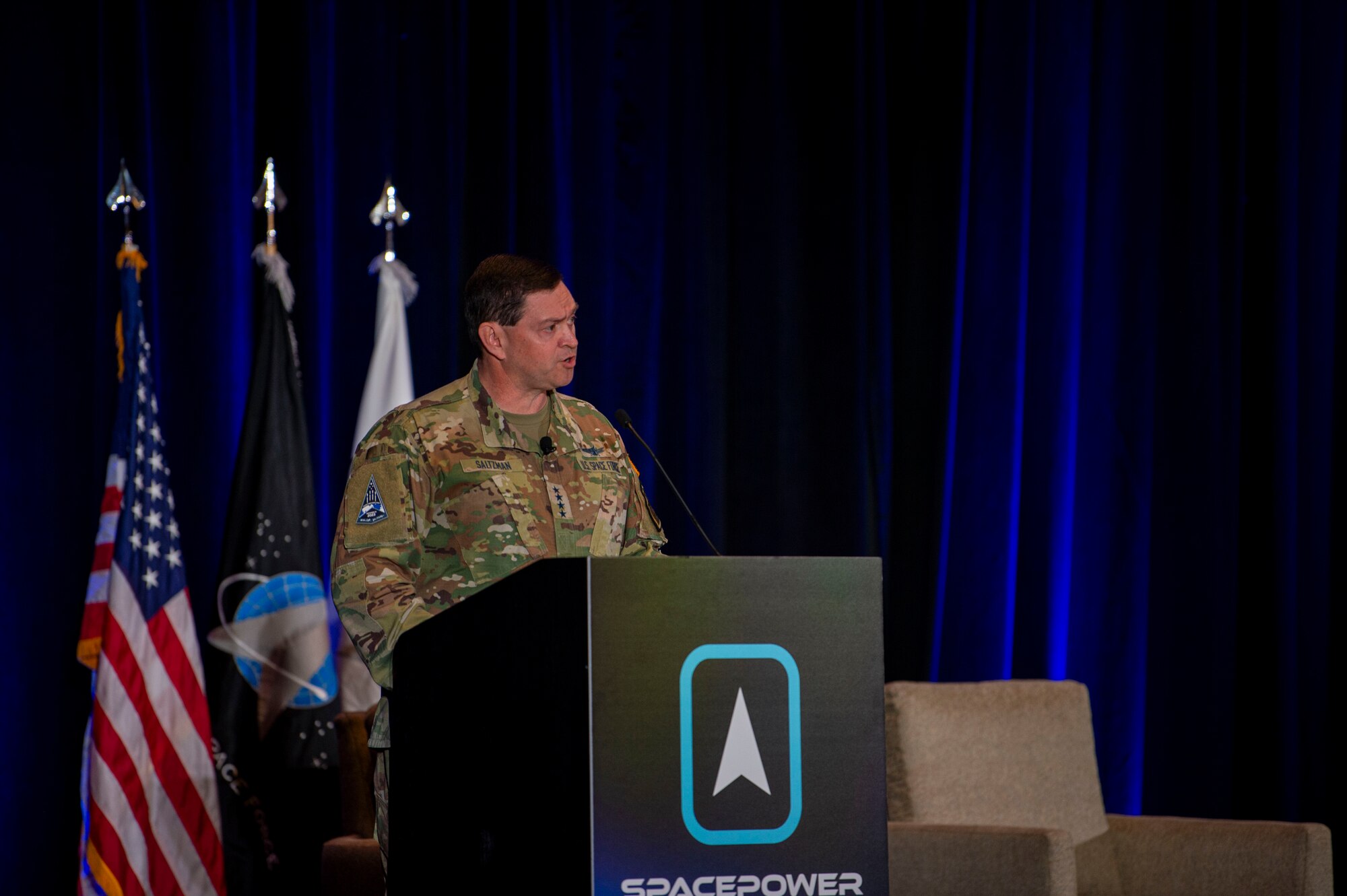 U.S. Space Force Chief of Space Operations Gen. Chance Saltzman gives a keynote address at the Space Force Association's inaugural Spacepower Conference in Orlando, Fla., Dec. 12, 2023. Saltzman discussed the Space Force's accomplishments in 2023 and the key role every Guardian played in those achievements. (U.S. Air Force photo by Staff Sgt. Adam R. Shanks)