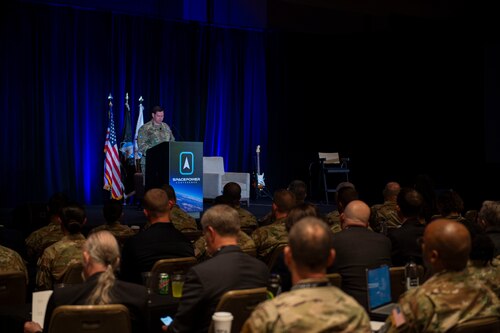 Chief of Space Operations, U.S. Space Force Gen. Chance Saltzman gave a keynote address at the Space Force Assocation's inaugural Spacepower Conference in Orlando, Fla., Dec. 12, 2023. Saltzman discussed the Space Force's accomplishments in 2023 and the key role every Guardian played in those achievements. (U.S. Air Force photo by Staff Sgt. Adam R. Shanks)