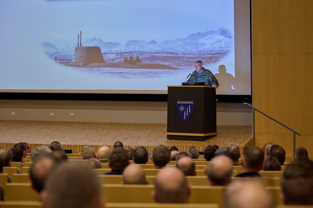 U.S. Marine Corps Maj. Gen. Robert B. Sofge Jr., commander of U.S. Marine Corps Forces Europe and Africa, gives his opening remarks during exercise Nordic Response 2024 at the NATO Joint Warfare Centre (JWC) in Stavanger, Norway on Dec. 12, 2023. During this visit Sofge participated in leadership discussions with NATO key leaders including Maj. Gen. Piotr Malinowski, commander of JWC and Brig. Gen. Mark A. Cunningham, Deputy Commander and Chief of Staff of JWC, reinforcing a lasting partnership with our NATO allies. (U.S. Marine Corps photo by Lance Cpl. Mary Linniman)