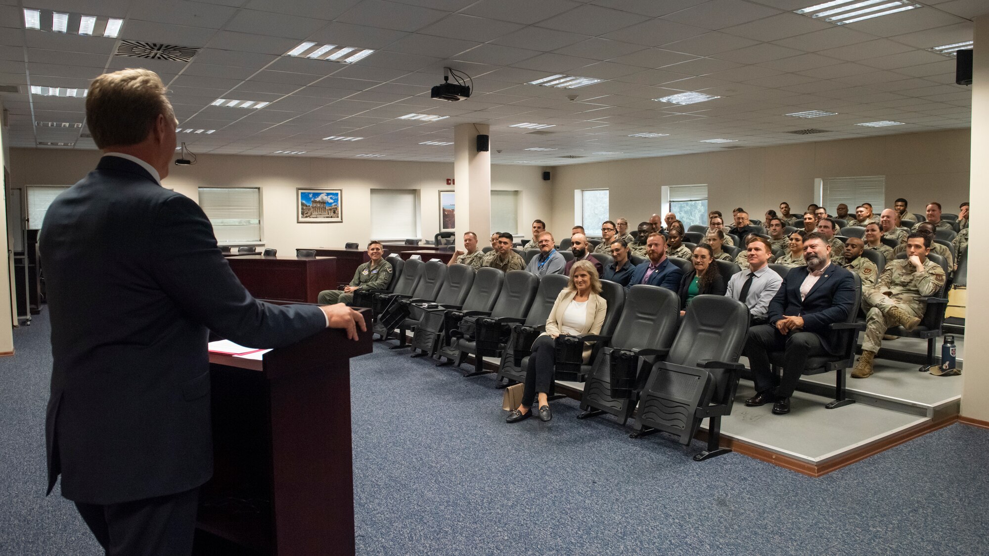 U.S. Ambassador Jeffry Flake speaks to service members and employees of 39th ABW