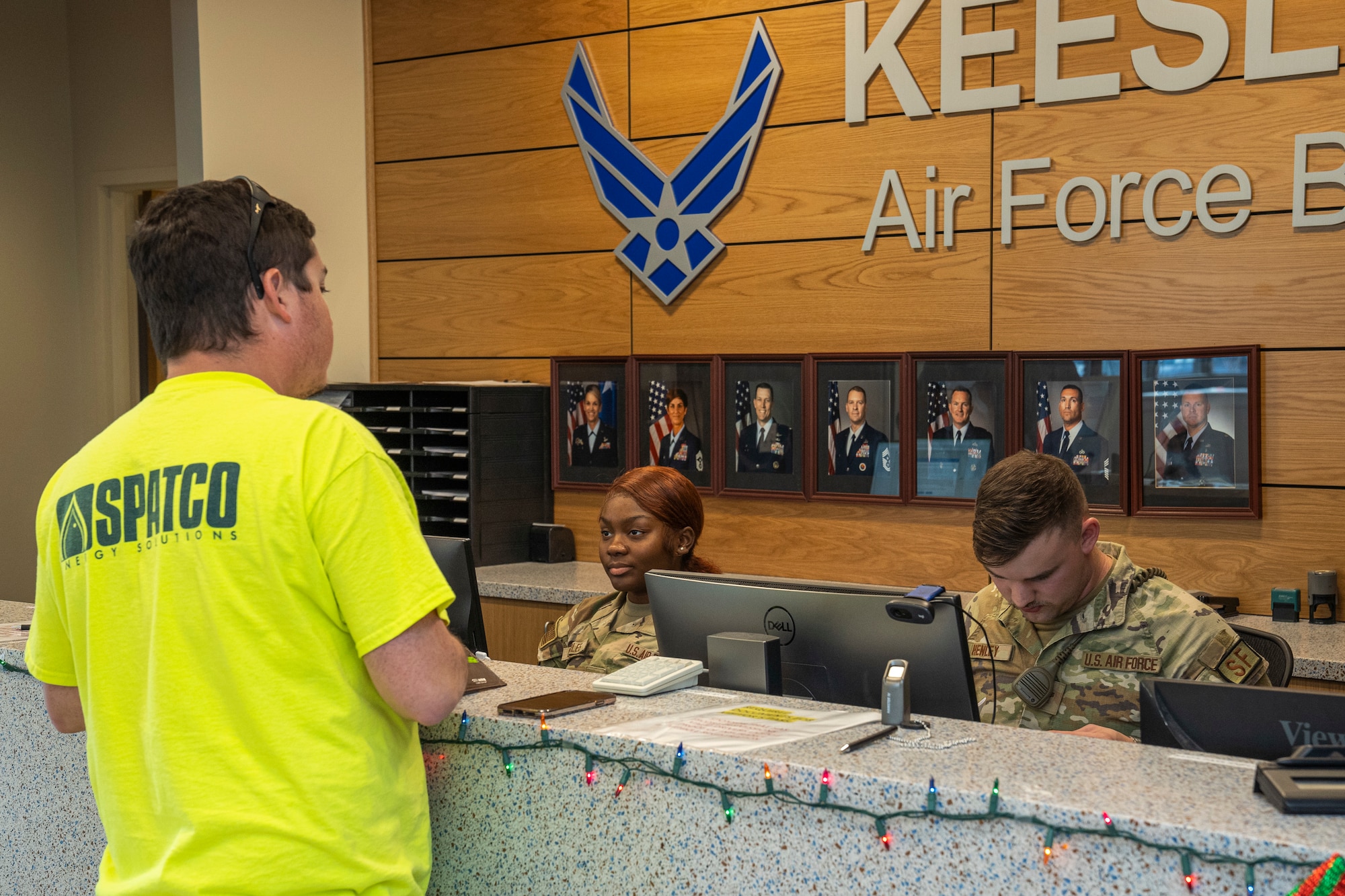 Defenders from the 81st Security Forces Squadron process paperwork at the Division Street Gate Visitor’s Center on Keesler Air Force Base, Mississippi, Dec. 5, 2023.