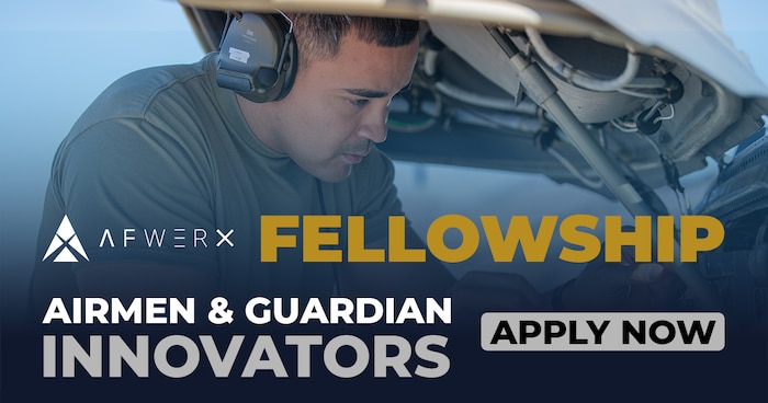 AFWERX, the innovation arm of the Department of the Air Force and a directorate within the Air Force Research Laboratory, or AFRL, is accepting applications for its upcoming spring Traditional Fellowship Program through Jan. 5. Fellowships are open to all ranks of the Air and Space Forces, Reserve, Guard and government civilians. (Courtesy graphic)