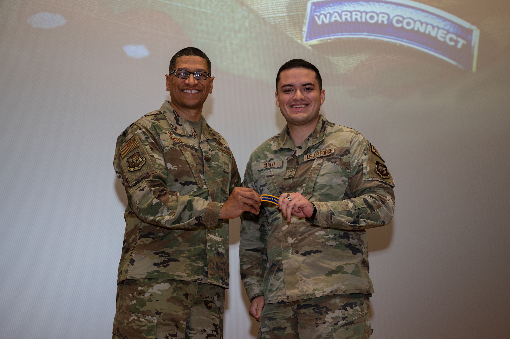 Joint Base McGuire-Dix-Lakehurst’s 87th Air Base Wing hosts a Commander’s Call showcasing the newly implemented Warrior Connect Program at JB MDL, N.J., Dec. 12, 2023. The Warrior Connect program acts as a peer-to-peer support and connectedness program for Service Members and the support they need while reducing the stigma of seeking help. (U.S. Air Force photo by Senior Airman Sergio Avalos)