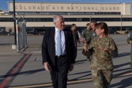 Photo of Frank Kendall, Secretary of the Air Force with Colonel Stephanie Figueroa, commander of the 233rd Space Group, Colorado Air National Guard.