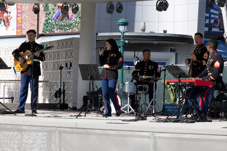 U.S. Marines with the 3rd Marine Aircraft Wing Band, perform at Disneyland’s Toys for Tots Drive in Anaheim, California, Dec. 9, 2023. Toys for Tots is a year-round charity that provides toys, books, and games to economically disadvantaged children and families since 1947. (U.S. Marine Corps photo by Lance Cpl. Samantha Devine)