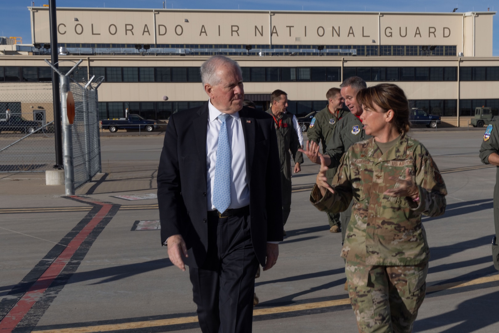 Photo of Secretary of the Air Force Frank Kendall receives a tour of the mobile ground station from U.S. Air Force Col. Stephanie Figueroa, commander, 233rd Space Group at Buckley Space Force Base, Colorado Nov. 3, 2023.