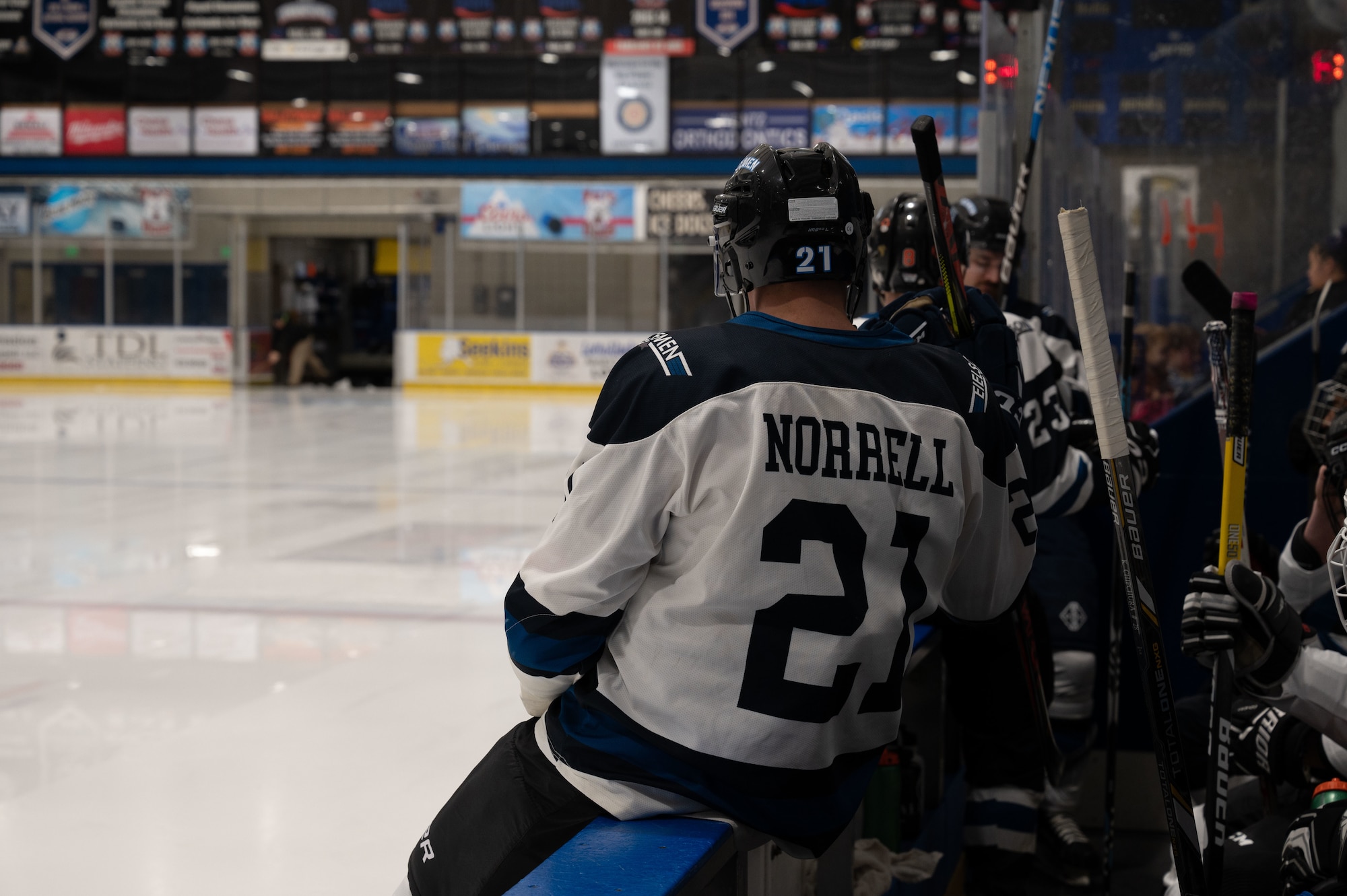 U.S. Air Force Senior Airman Jacob Norrell, 354th Operations Support Squadron aircraft flight equipment journeyman, gets ready for hockey practice in Fairbanks, Alaska, Nov. 26, 2023.