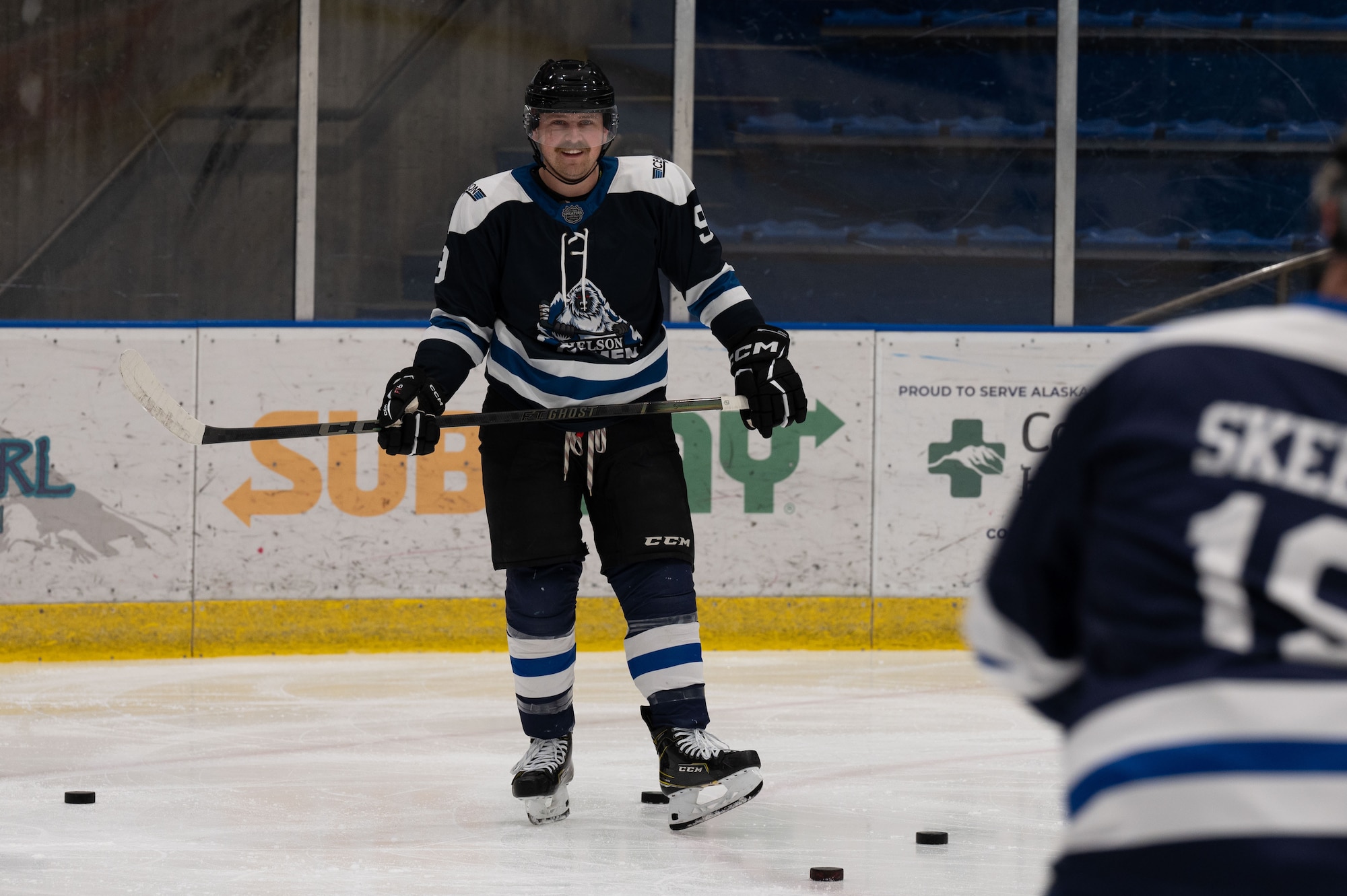 U.S. Air Force Staff Sgt. Jacob Walny, 356th Fighter Generation Squadron F-35 dedicated crew chief, participates in hockey practice in Fairbanks, Alaska, Nov. 26, 2023.