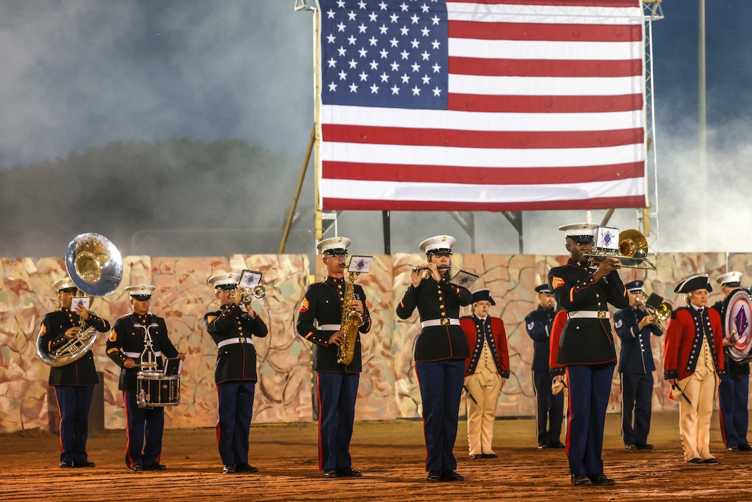 U.S. Marines with the 1st Marine Division Band perform at the closing ceremony of the 47th annual Longs Peak Scottish-Irish Highland Festival in Estes Park, Colorado, Sept. 9, 2023. The festival celebrates Scottish and Irish heritage through a variety of traditional athletic games, jousting competitions, music and dancing. The 1st Marine Division Band, along with other military entities, have annually performed at the festival. (U.S. Marine Corps photo by Cpl. Daniel Medina)